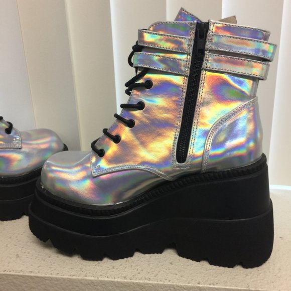 Demonia Silver Holographic Platform Boots - Picture 6 of 13